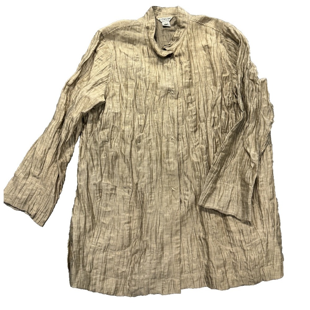Citron Santa Monica Linen Blend Blouse Women's 1X Beige  Snap Coastal Cowgirl